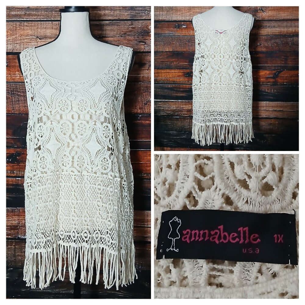 Annabelle Top 1X Cream Crochet Fringe Sheer Boho Hippie Tank 100% Cotton